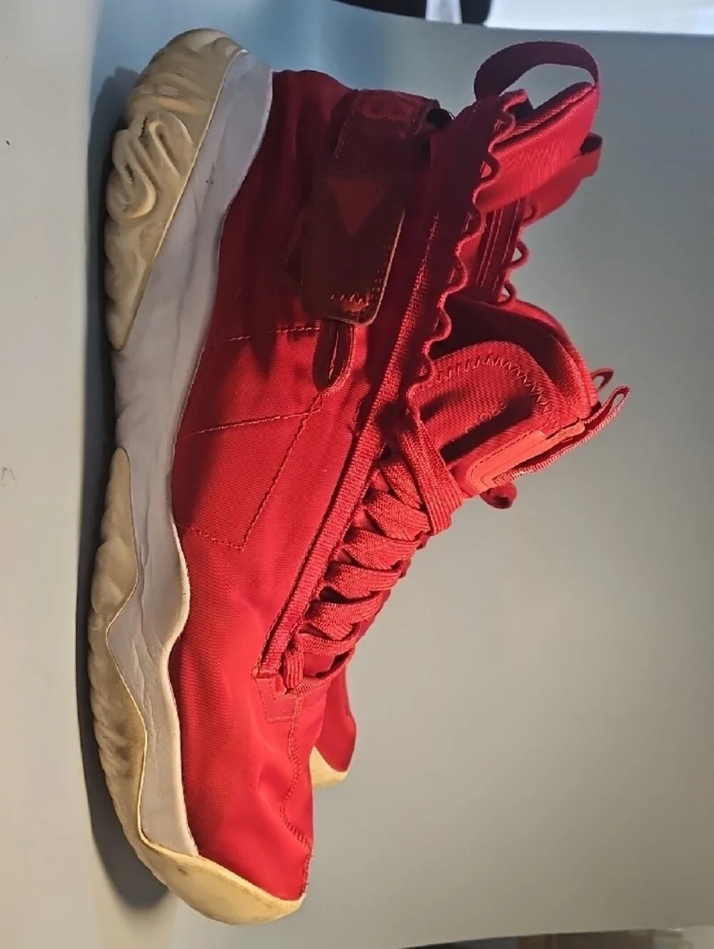 Jordan Red Strap High-Top Sneaker with White Sole Bin 12